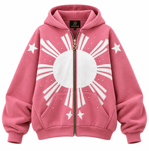 Veste polaire rose à capuche avec applique soleil blanche et fermeture éclair à étoiles, vêtements de mode pour femmes, logo personnalisé, fabrication en usine - Product Image 1