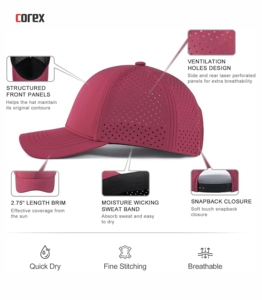 Maroon 6-Panel <b>Baseball</b> Laser Cut Breathable Waterproof Fitted Unisex Casual Outdoor Spring Summer 100% Polyester Adjustable - Product Image 5
