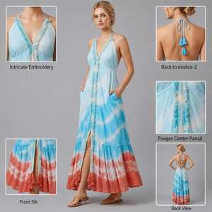 Women's Tie Dye Maxi <b>Dress</b> Halter V Neck Sleeveless Loose Fit Boho Beach Holiday Sundress With Front Slit And Embroidery - Product Image 4