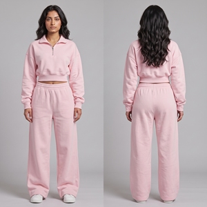 Ensemble 2 pièces pour femme : Sweat-shirt court à quart de zip et pantalon de survêtement large, noir, tenue décontractée, survêtement, logo personnalisé OEM - Product Image 3