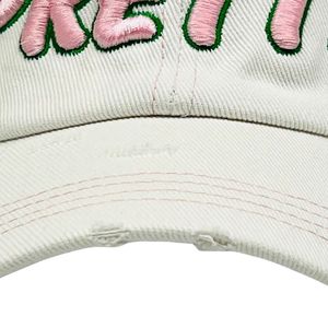 White Distress Denim Baseball <b>Cap</b> with Pink Embroidered Letter Design Adjustable Casual <b>Vintage</b> Unisex Outdoor Fashion Hat Wear - Product Image 4