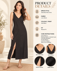 Black <b>Vintage</b> 100% Cotton Maxi <b>Dress</b> <b>for</b> <b>Women</b> Sleeveless V-Neck Summer <b>Dress</b> Front Slit Elegant Casual Resort Wear Wholesale - Product Image 5
