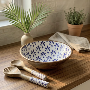 Ensemble de bols de service en bois d'acacia poli, faits à la main, avec impression émaillée personnalisée, écologique, compatible lave-vaisselle, pour la maison et les fêtes, décoratif BS - Product Image 1