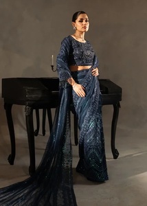 Sari de luxe en crêpe de soie pur, motif dessiné à la main, sans plis, tenue de soirée de créateur avec chemisier, vêtement traditionnel indien - Product Image 1