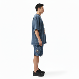 Conjunto de camisa y pantalones cortos para hombre, estilo oversized, lavado ácido, poliéster, negro, blanco, estampado de grafiti, transferencia térmica, logotipo personalizado, camiseta 100% algodón. - Product Image 4