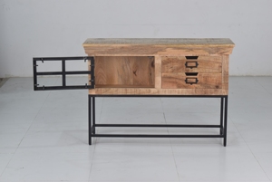 Armoire de cuisine moderne en bois massif avec support en fer et tiroirs de rangement, finition naturelle, design multifonctionnel - Product Image 4