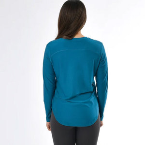 Women's Quick Dry Athletic Loose Fit Active Yoga <b>Long</b> Sleeve Short Fitness Top Curved Hem Design Round Neck Comfortable Shirt - Product Image 5