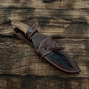 Cuchillo de caza de hoja fija de acero de Damasco con mango de madera, cuchillo utilitario para camping, funda de cuero, OEM personalizable, alta calidad - Product Image 2