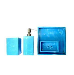 Moderno Juego de Baño de Cinco Piezas de Resina Azul Ecológica, Dispensador de Jabón Redondo, Portacepillos de Dientes, Bandeja, Fácil de Limpiar - Product Image 3