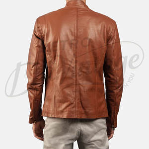 Chaqueta de cuero premium color coñac para hombre, de piel de oveja auténtica, corte ajustado, cuello alto, con cremallera, estilo motociclista. - Product Image 3