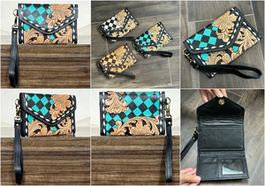 OEM ODM Customized Hand Tooled Leather Wallet Checkered Pattern Cowgirl <b>Wristlet</b> Wallet Boutique Purses RFID Card Holder Clutch - Product Image 2
