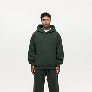 Men's Dark Green Hooded <b>Tracksuit</b> Set Full Length Solid Color Casual Loose Fit 100% Cotton Breathable Autumn Wear - Product Image 6