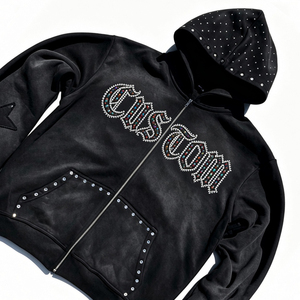 Sudadera con capucha negra extragrande personalizada con cremallera y pedrería, 100% algodón, tela suave, estilo vintage, para uso cómodo unisex. - Product Image 3