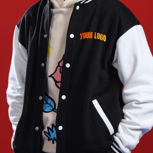 Men's <b>Black</b> <b>and</b> White <b>Varsity</b> <b>Jacket</b> with <b>Red</b> Logo Print Front Embroidery Stand Collar Casual Autumn Wear Wool/Polyester - Product Image 6