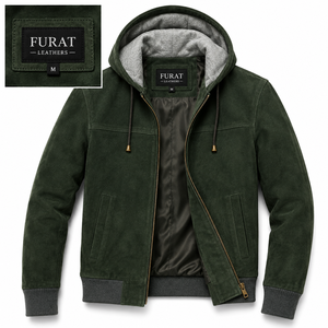 OEM Winter Green Genuine Leather Hooded <b>Suede</b> Bomber <b>Jacket</b> Men's Casual Stand Collar Zipper Closure Windproof Breathable - Product Image 1
