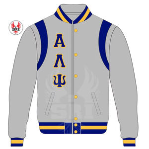 Chaqueta Universitaria Bordada de la Hermandad Alpha Lambda Psi para Mujer |   Chaqueta de Lana Bordada de la Hermandad ALP con Mangas de Cuero y un Solo Botón - Product Image 4