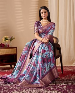 Conjunto de Saree de Seda Floral para Mujer, Traje Étnico Indio Kurta Dupatta, Vestido para Fiesta o Boda - Product Image 4