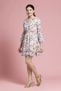 High on Demanded White Floral Printed Mini Dress <b>Three</b>-Quater Sleeves for Special Occasions Available at Affordable Price - Product Image 3