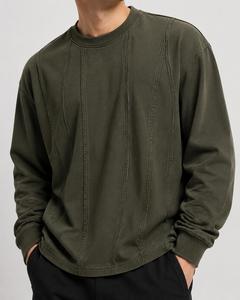 เสื้อสเวตเชิ้ตคอกลมแขนยาวสีเขียวมะกอกสำหรับผู้ชาย ทรงโอเวอร์ไซส์ สไตล์ลำลอง ผ้าถัก สีพื้น สำหรับฤดูใบไม้ร่วง ผ้าฝ้าย 100%  ขั้นต่ำในการสั่งซื้อน้อย - Product Image 3