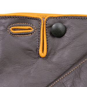 Women’s Brown Leather Gloves with Yellow Trim Soft Full Finger Winter Gloves Warm Lining Snap Button Elegant Driving Gloves - Product Image 3