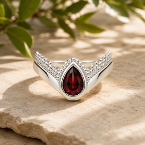 <b>Garnet</b> 925 Sterling <b>Silver</b> Women's Engagement <b>Ring</b>-Pear-Cut Bezel Stone with Beaded Detailing Trendy Design - Product Image 4
