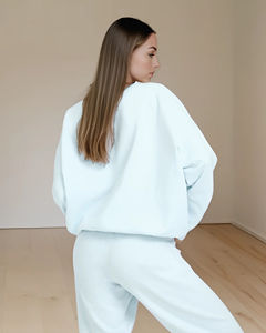 Women's Light Blue Oversized Sweatshirt <b>Drop</b> Shoulder Long Sleeve Casual Fleece Pullover Loose Fit Soft Cozy Cotton Blend Autumn - Product Image 4