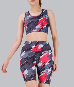 Ensemble de yoga et fitness extensible quadridirectionnel pour femme, comprenant un soutien-gorge de sport sans rembourrage à imprimé abstrait sexy et un short froncé aux fesses, tenue de sport active - Product Image 5