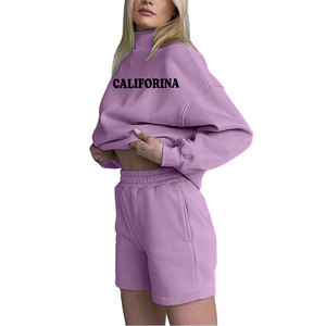 Custom logo 100% Cotton Long Sleeves Old-School Fleece Oversized Mock Neck Sweatshirt Pullover Shorts Two Piece <b>Set</b> for Women - Product Image 1