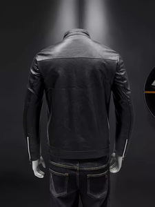 Veste en cuir noire pour homme, col montant, fermeture éclair, coupe ajustée, style moto, vêtement d'automne, couleur unie - Product Image 2