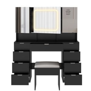 Grande Set da tavolo a 3 luci a LED con cassetti portaoggetti sgabello completo trucco nero vanità ammortizzato mensole per camera da letto - Product Image 6