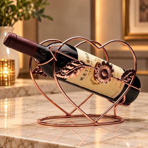 Porta Botellas de Vino con Diseño de Corazón y Detalles Florales Metálicos en Acabado Oro Rosa para Mesa, Bar o Comedor - Product Image 1