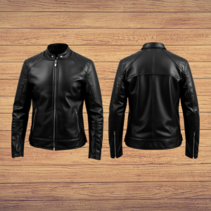 Blouson de motard en cuir véritable noir pour l'hiver avec fermeture éclair, col montant, coupe ajustée, couleur unie, style Cafe Racer - Product Image 3