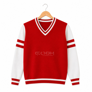 Cosh เสื้อสเวตเตอร์แขนยาวแบบถักคอวีแขนยาวระบายอากาศได้ดีสีตัดกันสีแดงขาว - Product Image 3