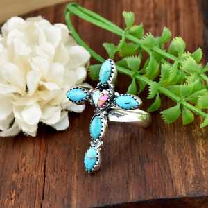 Anillo Religioso Hecho a Mano de Plata de Ley 925 con Turquesa Chapada en Plata, Gema Marquise y Centro de Ostra Espinosa, Venta al por Mayor - Product Image 4