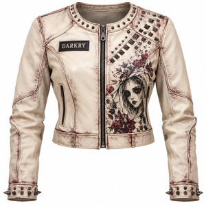 Blouson en cuir vieilli blanc cassé avec imprimé Portrait de mariée gothique, col clouté, fermeture éclair avant, style motard pour femme, fabrication sur mesure - Product Image 1