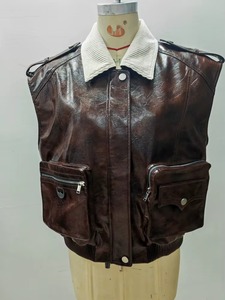 Retro Distressed PU Two-Piece Look Fleece Collar <b>Utility</b> <b>Vest</b>-Men's Winter Outerwear Casual Multi-Pocket Sleeveless Waistcoat - Product Image 2