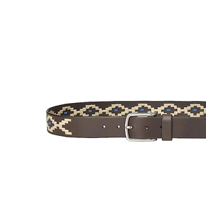 Ceinture en cuir véritable avec broderie géométrique ethnique et boucle rectangulaire argentée, style décontracté, en cuir de vachette durable - Product Image 1