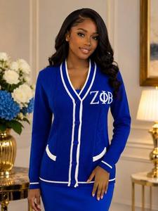 Zeta Phi Beta Women's Custom Embroidered Acrylic V-neck Quick Dry <b>Knit</b> <b>Cardigan</b> Sweater OEM Manufacturer - Product Image 2
