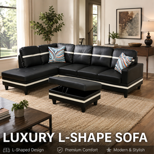 Ensemble de canapés en cuir de luxe de style moderne, sectionnel en L pour chambre à coucher, avec accoudoirs carrés et dossier capitonné, mobilier de salon écologique - Product Image 4