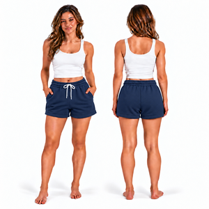 Shorts en coton tricoté bleu marine uni pour femme, taille mi-haute, avec cordon de serrage et poches, coupe décontractée, respirant - Product Image 1