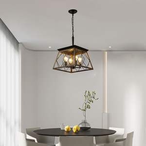 16" Modern Walnut Black Iron Industrial 4-<b>Light</b> Pendant <b>Chandelier</b> Adjustable Hanging <b>Light</b> Metal Cage Design Dining Kitchen - Product Image 1