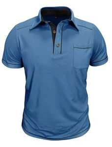 Polo en tricot bleu à manches courtes pour homme avec poche, design uni décontracté, coupe classique - Product Image 1