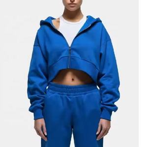 Ensemble de sweats à capuche courts zippés pour femmes ensemble de 2 pièces à épaules tombantes pantalon de jogging sweat-shirt avec pantalon de survêtement sweats à capuche vierges surdimensionnés - Product Image 1