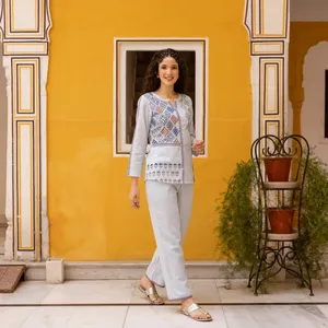 Ensemble deux pièces bohème bleu clair brodé pour femme avec motif géométrique, manches longues, coupe ample, tenue décontractée printemps-été - Product Image 2