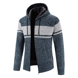 Hot Sale Men's Winter Hooded <b>Cardigan</b> Jacket with Zipper Closure <b>Thick</b> Velvet Fabric Anti-shrink Feature Striped Mandarin Collar - Product Image 5