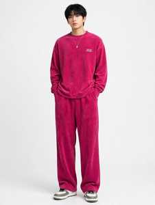 Oneten Apparel Men Solid <b>Pink</b> Corduroy Crewneck <b>Sweatshirt</b> and Wide Leg Pants Tracksuit Set - Product Image 1