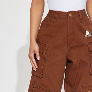 Pantalones Cargo de Cintura Alta para Mujer, Color Marrón Sólido, Corte Holgado, con Bolsillos, Estilo Utilitario, Material de Lona - Product Image 6
