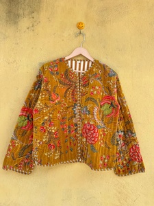 Women's Quilted Floral Cotton <b>Velvet</b> <b>Jacket</b> O-Neck Collar Full Sleeve Autumn Style Regular Length Hand Embroidery Woven Fabric - Product Image 2
