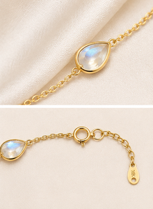 Pulsera con Bisel de Piedra Lunar Arcoíris Natural en Oro Amarillo Sólido de 18K – Cadena de Eslabones con Gemas Redondas y Cierre Ajustable - Product Image 6