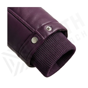 Blouson aviateur en cuir véritable violet avec garniture en fourrure, fermeture éclair, coupe-vent d'hiver, épais, manches longues, couleur unie - Product Image 6